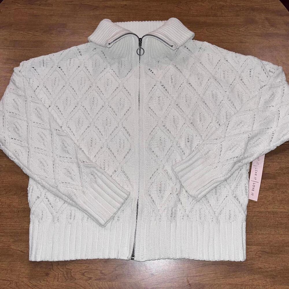 Crave Fame Ivory Cable Knit Zip-Up Sweater Large NWT Scandi Preppy Coastal Soft